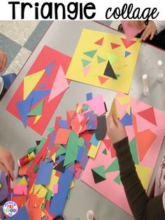 children making triangle collages out of construction paper on a table with text overlay that reads triangle collage