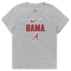 Get your littlest fan ready to cheer on the Alabama Crimson Tide with this Nike Legend Slogan T-Shirt. Made from breathable polyester, this tee keeps your little one cool and comfortable whether they're playing tag or cheering on the Tide. The team name is screen printed with diagonal details above the team logo, adding a touch of sporty style. Light Grey Leggings, Cheer Shirts, Slogan T Shirt, Team Name, Nike Tees, Alabama Crimson, Grey Leggings, Alabama Crimson Tide, Crimson Tide