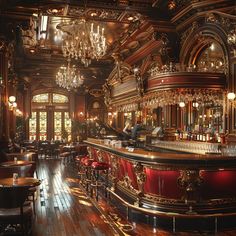 an ornately decorated bar with chandeliers and red chairs