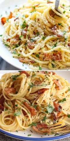 two plates of spaghetti with bacon and parmesan cheese