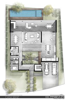 an aerial view of a house with swimming pool and living room in the middle of it