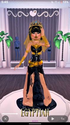 an animated egyptian woman in a black and gold dress standing on a round table with palm trees behind her