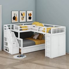 a white bunk bed with stairs and storage underneath