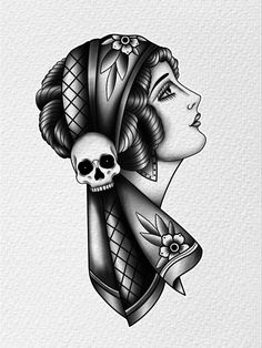 a black and white drawing of a woman's head with a skull on it