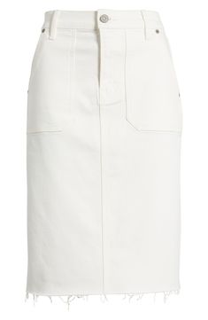 Soft stretch denim in a pearly white wash updates a classic pencil skirt fashioned with roomy pockets and a raw-cut hem. Zip fly with button closure Front slant pockets 70% cotton, 24% lyocell, 5% polyester, 1% spandex Machine wash, tumble dry Imported Casual White Cotton Pencil Skirt, Chic White Denim Skirt For Work, Fitted White Denim Skirt With Pockets, White Denim Skirt With Pockets, White Fitted Denim Skirt With Pockets, Workwear Denim Pencil Skirt With Pockets, Classic Cotton Pencil Skirt For Spring, Classic Spring Cotton Pencil Skirt, Classic White Skirt With Pockets