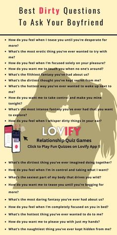 Best Dirty Questions To Ask Your Boyfriend | Click here to Play FREE Couple QUIZZES Dirty Questions To Ask Your Boyfriend, Games To Play With Boyfriend, Spicy Questions To Ask Your Boyfriend, How To Be Flirty, Fun Couples Quiz, Funny Would You Rather