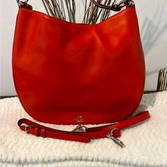 Nwt Tomato Red Coach Shoulder Bag. Has A Crossbody Strap. Very Soft Smooth Quality Leather That Coach Is Known For. It Was Packed Away For A Move But Once It’s Stuffed With Paper And Sit Out For A Few Hours The Shape Will Return. Flag Bag, Bucket Tote Bag, Vintage Coach Bags, Sit Out, Coach Tote, Bags Coach, Coach Shoulder Bag, Perforated Leather, Mini Shoulder Bag