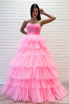 Gorgeous Strapless Layered Pink Tulle Long Prom Dresses, Pink Tulle Fo — Bridelily Layered Prom Dress, Pink Tulle Prom Dress, Prom Dress With Lace, Prom Dresses Pink, Beautiful Ball Gowns, Formal Prom Dresses Long, Ruffle Prom Dress, Pink Ball Gown, Prom Dresses Long Pink