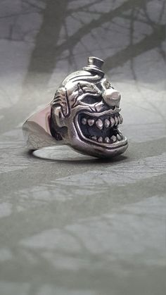 Sterling Silver Clown Ring Custom Adjustable Sterling Silver Jewelry, Custom Silver Rings For Collectors, Handmade Vintage Sterling Silver Skull Ring, Custom Handmade Silver Rings, Custom Adjustable Sterling Silver Ring, Clown Ring, Black Ring Box, Sugar Skull Ring, Many Rings