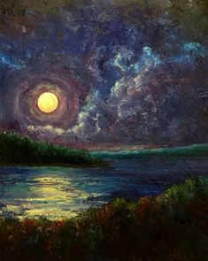 an oil painting of a full moon over the ocean