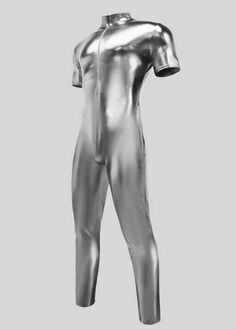 This striking futuristic metallic bodysuit is designed to turn heads and make a bold fashion statement. Featuring a high neckline, short sleeves, and a front zipper for easy wear, this sleek and form-fitting one-piece garment exudes confidence and style. The shiny, reflective fabric adds a space-age aesthetic, making it perfect for themed parties, performances, or any event where you want to showcase a daring and avant-garde look. Male Bodysuit, Space Age Aesthetic, Pantyhose Skirt, Age Aesthetic, Metallic Leotard, Romper Men, Kids Leotards, Reflective Fabric, Metallic Bodysuit