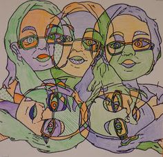 a drawing of four women with glasses on their faces and one woman's face in the middle