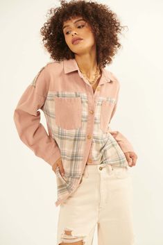 Country Girl Denim and Plaid Shirt Jacket - ShopPromesa Trendy Plaid Cotton Shacket, Plaid Cotton Shacket With Button Closure, Trendy Plaid Shacket With Snap Buttons, Hissy Fit, Pink Flannel, Plaid Shacket, Denim Blouse, Work Tops, Girls Denim