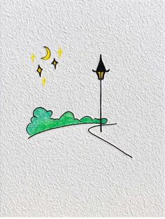 a drawing of a street light with stars above it and the sky in the background