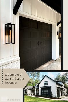 two garage doors with the words stamped carriage house above them and an image of a home