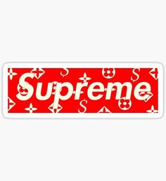 supreme sticker with the word supreme on it in white letters and red background, surrounded by symbols