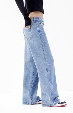 Casey Medium Indigo Ripped Low Rise Baggy Jeans High Waisted Baggy Jeans, Low Rise Baggy Jeans, Benson Boone, Jeans Pacsun, Pacsun Jeans, Curve Jeans, Denim Collection, School Fits, Feature Light