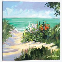 an oil painting of flowers on the beach