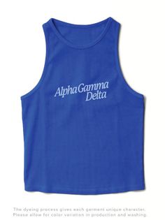 a blue tank top with the words aloh gamma delta printed on it in white