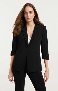 Crepe Khloe Blazer Sleek Structured Blazer For Semi-formal Occasions, Modern Structured Formal Suit, Modern Structured Suits For Formal Occasions, Structured Blazer For Formal Occasions, Semi-formal Structured Blazer, Modern Structured Blazer For Formal Occasions, Classic Black Blazer With Concealed Placket, Formal Structured Blazer With Pressed Crease, Tailored Structured Blazer For Semi-formal Occasions