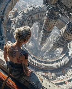 a woman standing on top of a building looking down at the city below her back