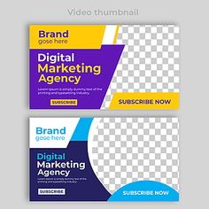 two business card templates with blue and yellow colors on the front, one is for digital