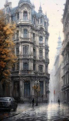 an oil painting of people walking down the street in front of buildings on a rainy day