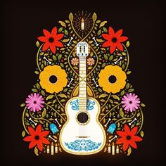 a guitar with flowers on it is sitting in front of a black background and the words,