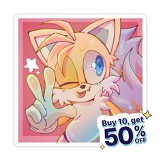 a sticker with an image of a cartoon cat giving the peace sign and saying buy 10 get 50 % off