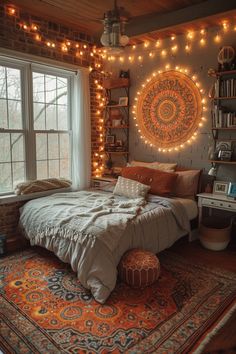 a bedroom with lights strung from the ceiling and a bed in front of a window