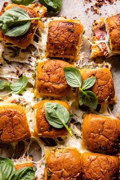 small sandwiches with cheese and spinach on a piece of parchment paper next to basil leaves