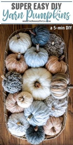 yarn pumpkins in a basket with the title super easy diy yarn pumpkins