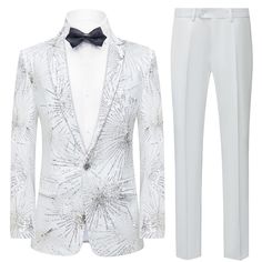 When it comes to formalwear, a white sequined tuxedo for men is an eye-catching, sophisticated look that will make you stand out from the crowd. Whether you’re attending a wedding, prom, or a black tie event, a white sequined tuxedo will ensure you make a lasting impression. This white sequined tuxedo is made from a lightweight, breathable fabric that will keep you comfortable throughout the night. The jacket features a single-breasted design with a shawl collar and a two-button closure. The ... Mens Dinner Jacket, White Suit Jacket, Homecoming Dinner, Prom Suits For Men, Jacket Embroidery, Red Carpet Party, Black Dinner, Suits Prom, Slim Fit Tuxedo