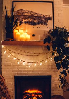 a fire place with candles and some plants