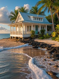 a white house sitting on top of a sandy beach next to the ocean with palm trees