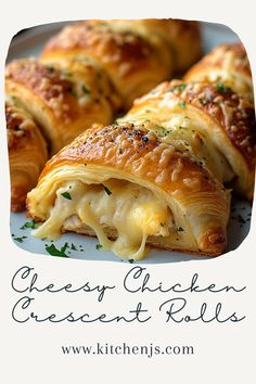 cheesy chicken crescent rolls on a white plate with the title text overlay