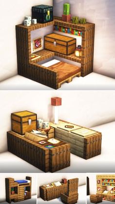 some kind of furniture made out of crates and pallet wood is shown in three different views