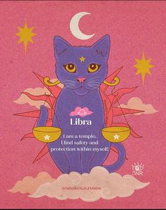 a blue cat sitting on top of a cloud with the words libra above it