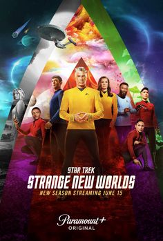 the poster for star trek into space with many people standing in front of them and looking at