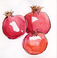 three red tomatoes are shown on a white background with watercolor and pencils in the foreground