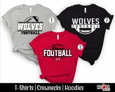 Personalized Wolves School Spirit T-Shirt Crewneck, Hoodie Hooded Sweatshirt Football, Baseball, Basketball, Softball, Track, Volleyball, Cross Country, Cheer, Wrestling Not all colors are available in all sizes and styles.  Please check the color and size charts in photos. We do our best to accurately represent shirt colors by using actual photos but do understand that all monitors will display differently. Please contact us prior to purchase with any questions on sizing or colors. Your purchase includes a custom imprint created specifically for your team! A product proof will be emailed to you within 1 business day.  Please keep an eye on your Etsy messages and reply with any changes within 24 hours. Your order will be sent to production after that time if no response is received. Excess Wolves Football, Represent Shirt, Wolf Shirt, Football Sweatshirt, Football T Shirt, Star Shirt, School Spirit, Football Shirt, Cross Country