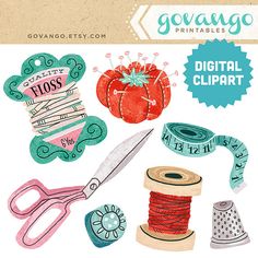 the digital clipart features sewing supplies, scissors, and other crafting items that are included in this package