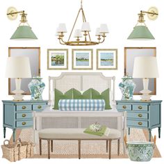 a bedroom with blue and green furniture, pictures on the wall, lamps and paintings