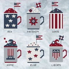 cross - stitch coffee mugs with the words red, white and blue