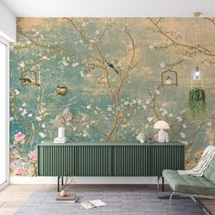 a room with a wallpaper and a green radiator