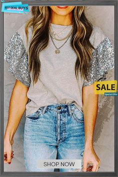 Sequin Stitching Sleeve Short Sleeve T-shirt Sequin, Shop Now, Stitching, Best Deals, Grey, Women's Top, T Shirt, Cross Stitching