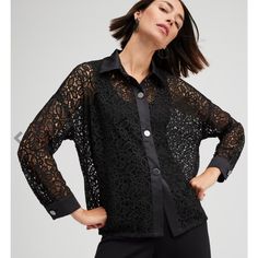 The Black Label By Chico's Button Down Jacket Gives You Options. This Sheer Design Features Luxe Embroidery And Satin Details. Wear It Open As A Top Layer Or A Buttoned Up Shirt Paired With Pants And Seasonal Accessories. Individual Style. Clean, Modern Lines. The Exclusive Black Label By Chico's Collection. Woven Polyester Lace. Classic Fit Long Sleeve Collared Button Down Jacket. Regular Length: 26.5". 100% Polyester. Dry Clean Fall Black Tops With Hidden Button Closure, Fall Black Top With Hidden Button Closure, Black Tops With Hidden Button Closure For Fall, Black Top With Hidden Button Closure For Fall, Elegant Black Single Breasted Tops, Elegant Black Single-breasted Top, Elegant Button-up Outerwear For Night Out, Button-up Outerwear For Night Out, Elegant Black Tops With Snap Buttons