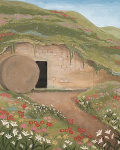 a painting of a cave in the middle of a field with flowers and plants around it