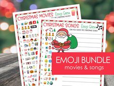 two christmas movies worksheets with the words emoj bundle and santa clause on them