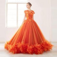 Orange Princess Dress, Orange Quinceanera Dresses, Orange Evening Dresses, Flower Prom Dress, Tulle Ball Gown, Fantasy Gowns, Ball Gowns Evening, Evening Dress Fashion, Fairytale Dress